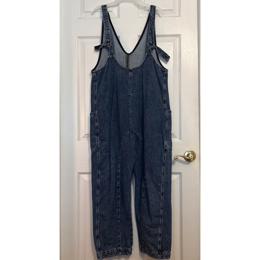 Free People We The Free High Roller Denim Jumpsuit Blue Boho Hippie Romper, Sz L - Picture 3 of 13